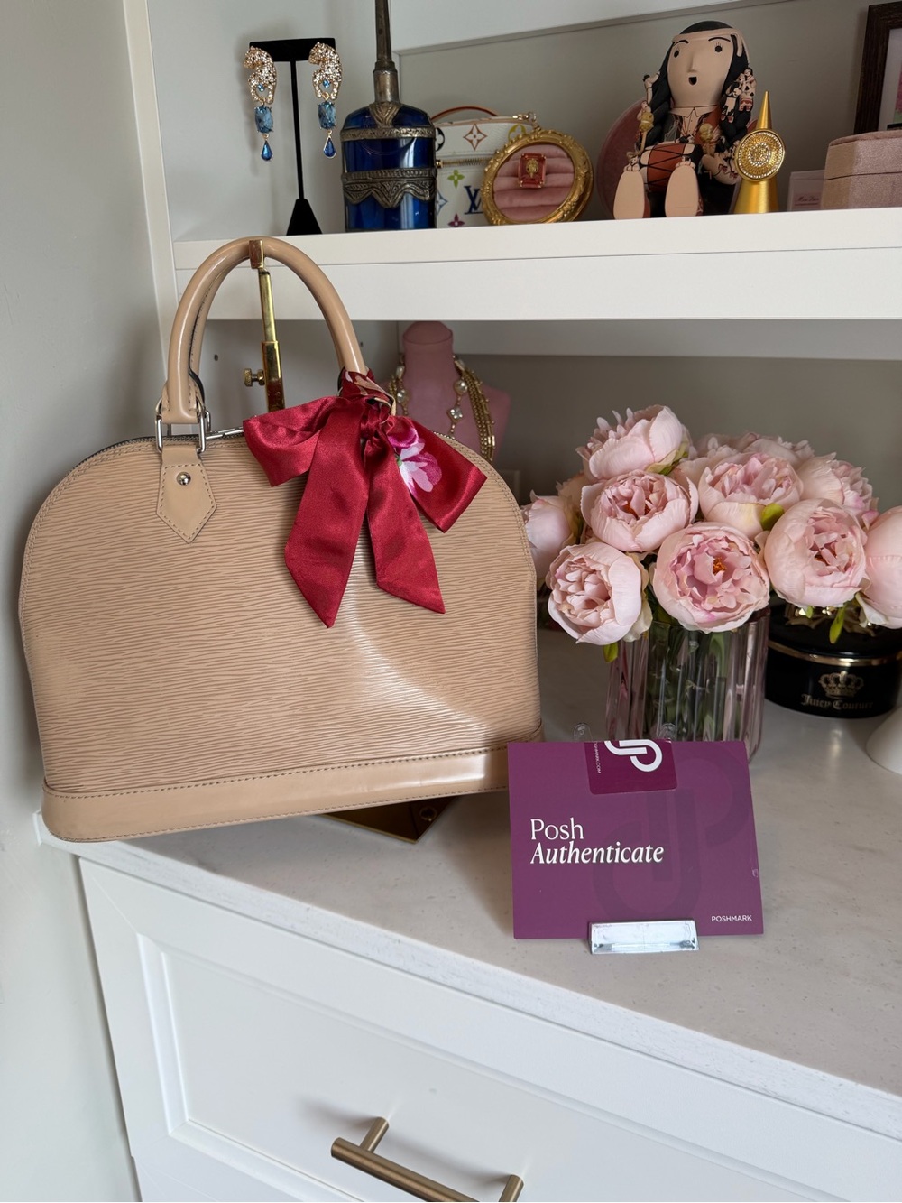 Louis Vuitton Nude Epi Leather Dome Satchel with Red Scarf Accent